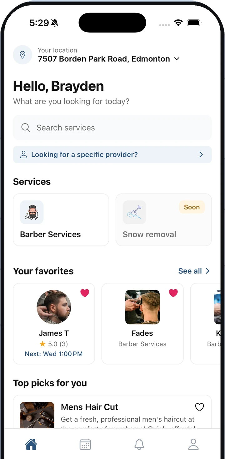 The HireHand app home screen, showing barber services and favourite barbers