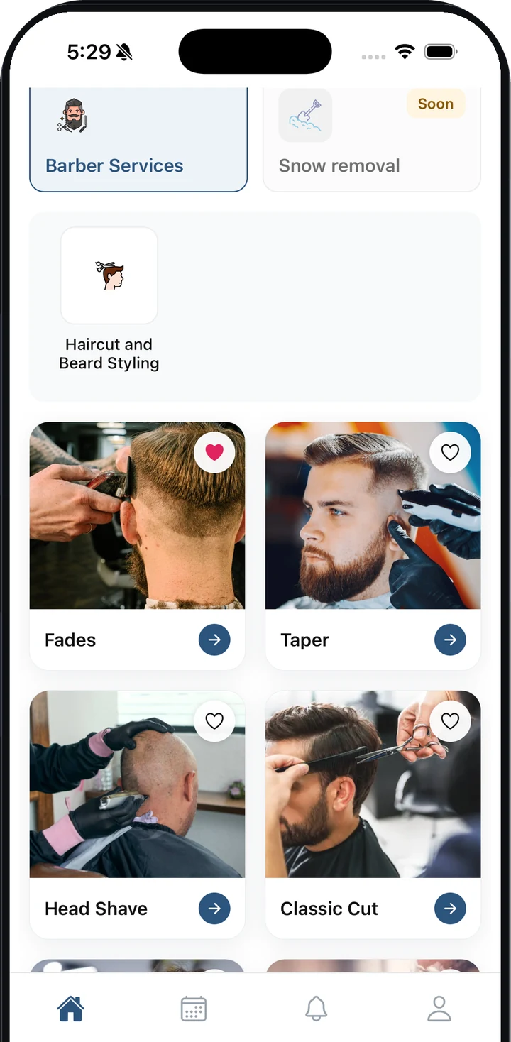 Barber services in the HireHand app: Fades, Taper, Head Shave and Classic Cut