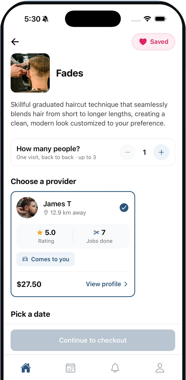 Booking a fade in the HireHand app: choosing a barber who comes to you
