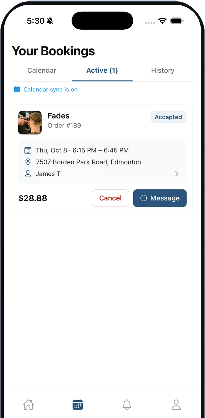 Your Bookings in the HireHand app, with a message button for your barber