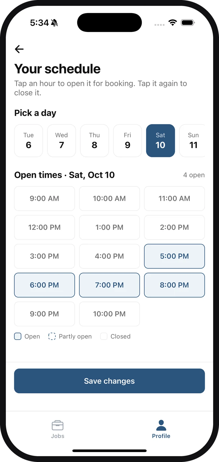 The HireHandEarn schedule screen with open booking times