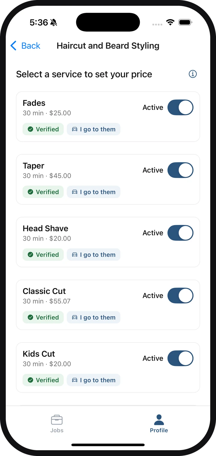 The HireHandEarn services screen with prices for fades, tapers and more